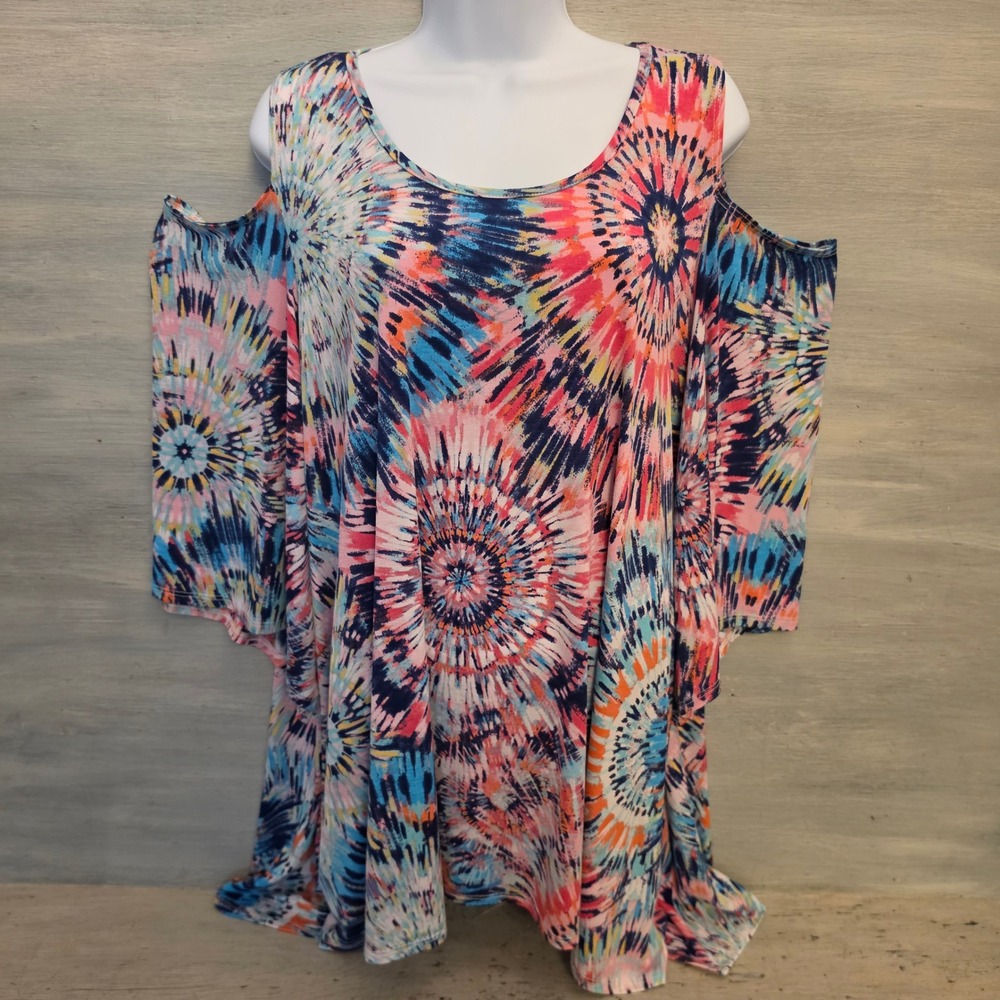 Vibrant Multicolor Tie Dye Cut Out Cold Shoulder Tunic Top Size 2XL GC